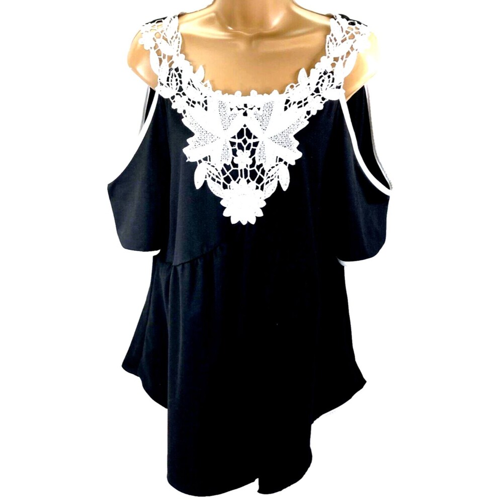 Joress Curve Lace Crochet Cold Shoulder Top 2XL Women Black Whimsigoth Fairy Y2K